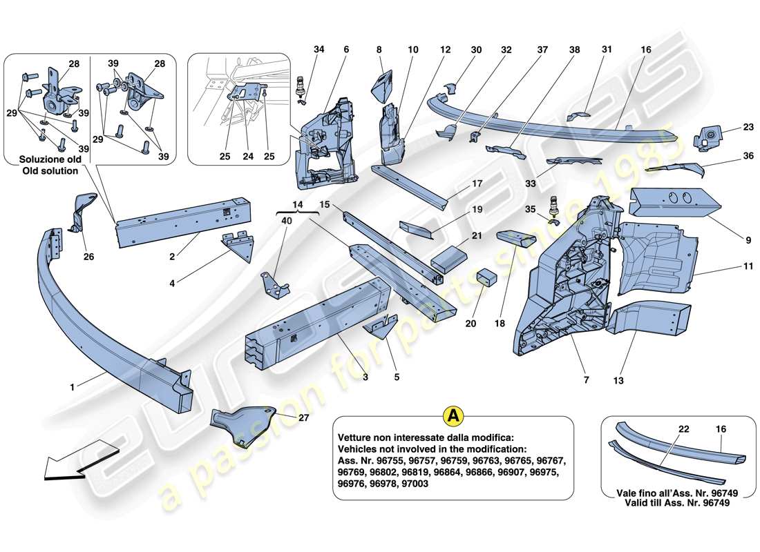 Ferrari 458 Italia (Europe) CHASSIS - STRUCTURE, FRONT ELEMENTS AND PANELS Part Diagram