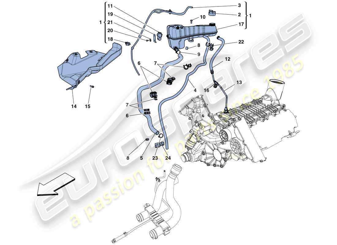 Ferrari 458 Italia (RHD) COOLING - HEADER TANK AND PIPES Part Diagram