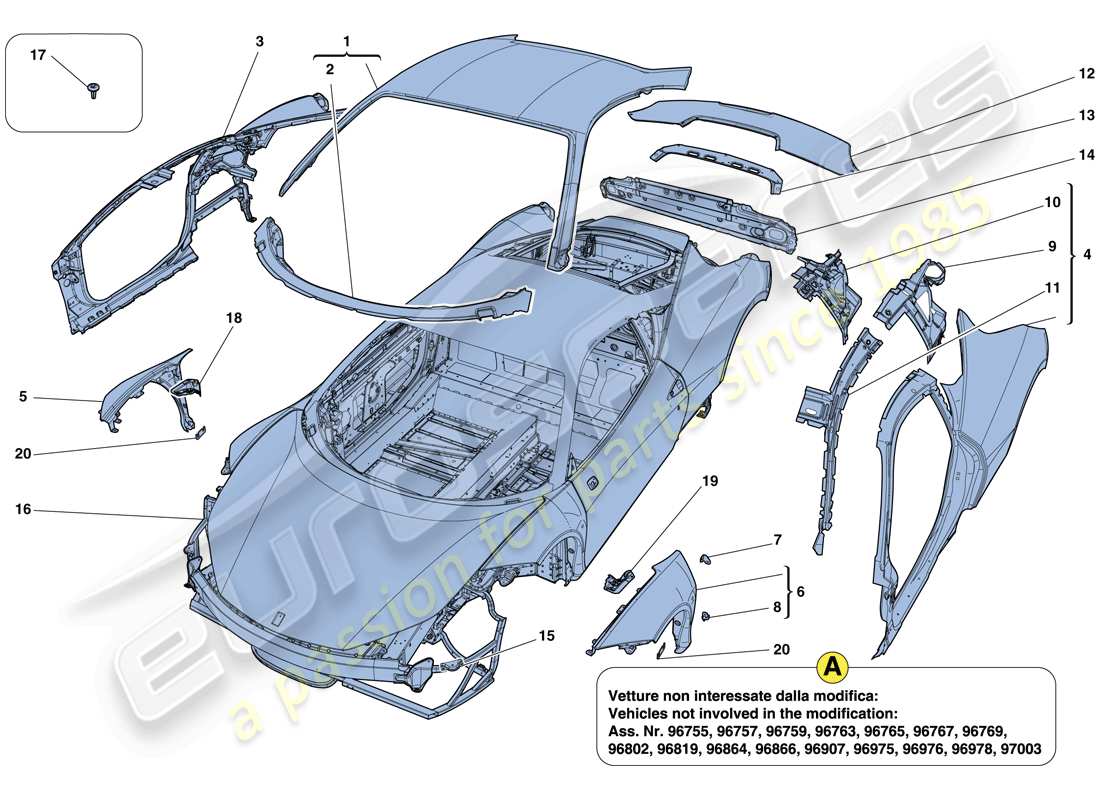Ferrari 458 Italia (RHD) BODYSHELL - EXTERNAL TRIM Part Diagram
