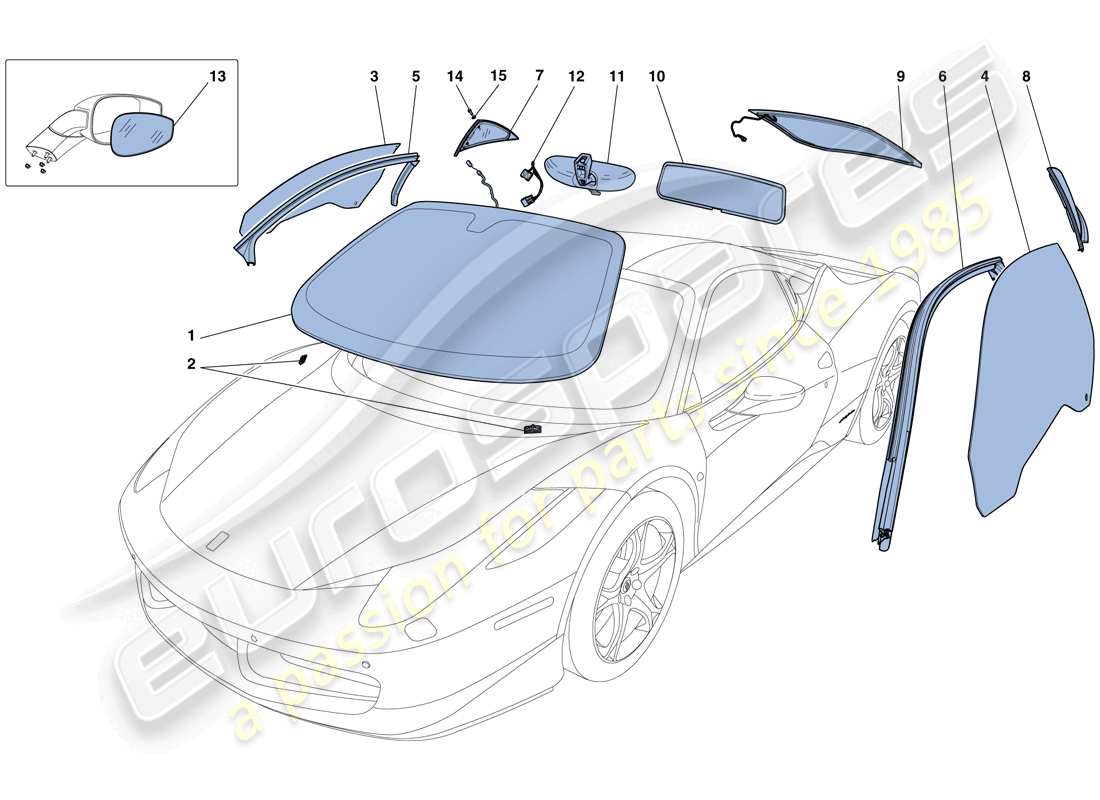 Ferrari 458 Italia (USA) SCREENS, WINDOWS AND SEALS Part Diagram