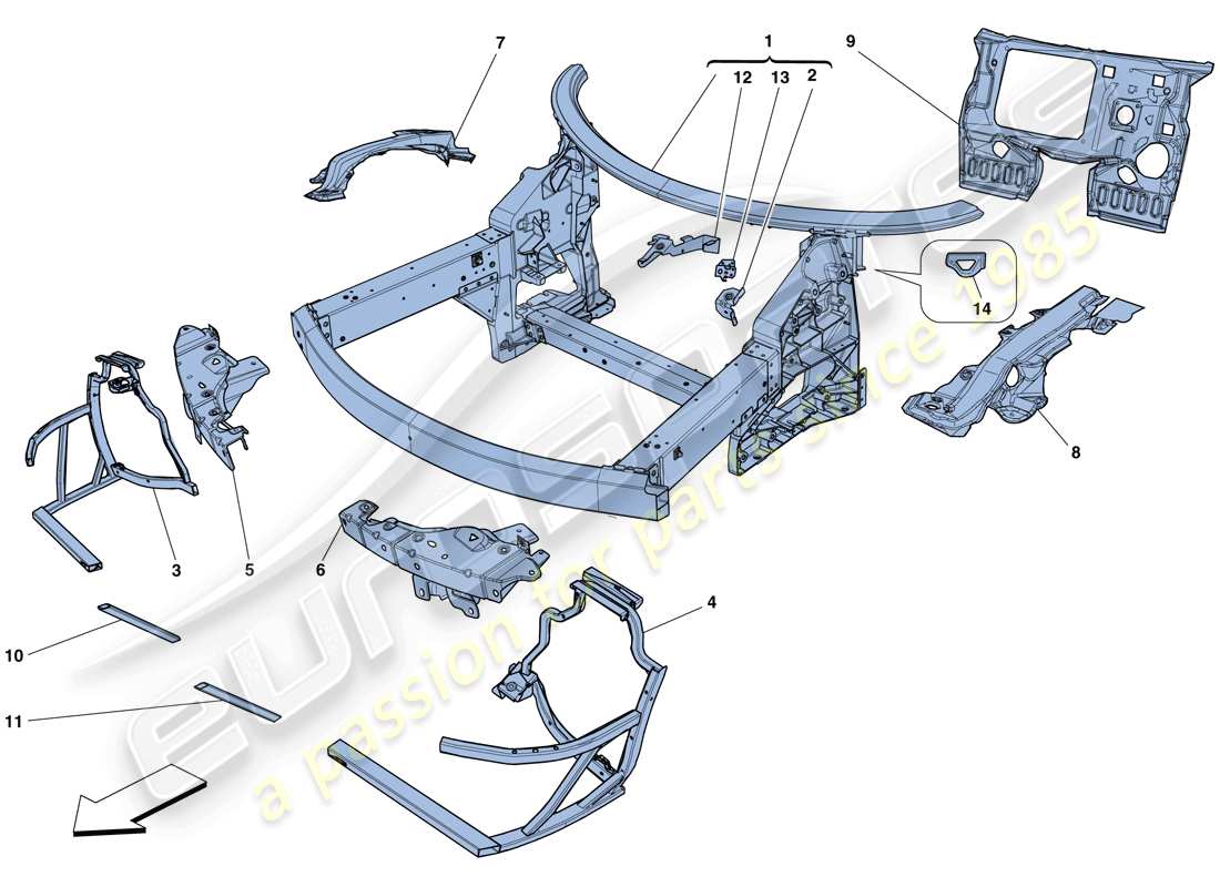 Ferrari 458 Spider (Europe) CHASSIS - COMPLETE FRONT STRUCTURE AND PANELS Part Diagram