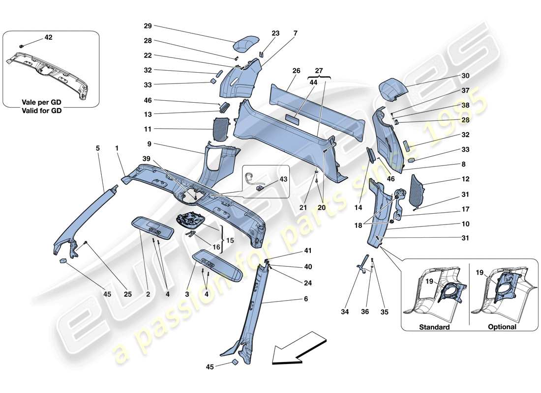Ferrari 458 Spider (Europe) HEADLINER TRIM AND ACCESSORIES Parts Diagram