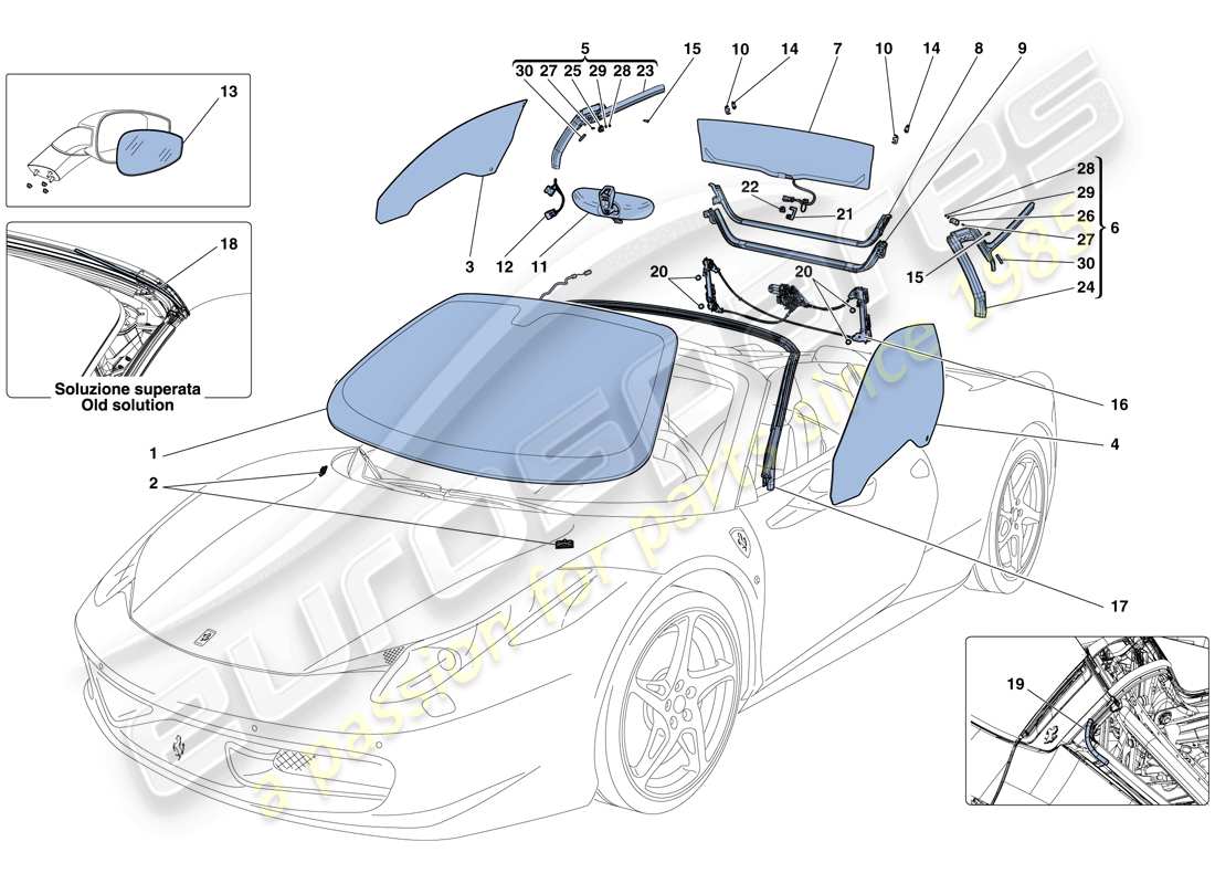 Ferrari 458 Spider (Europe) SCREENS, WINDOWS AND SEALS Part Diagram
