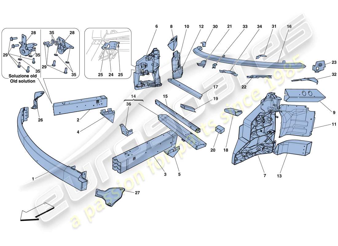 Ferrari 458 Spider (USA) CHASSIS - STRUCTURE, FRONT ELEMENTS AND PANELS Part Diagram
