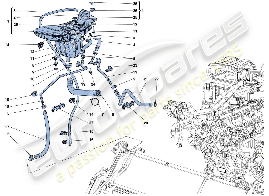 Ferrari California T (USA) COOLING: HEADER TANK AND PIPES Part Diagram