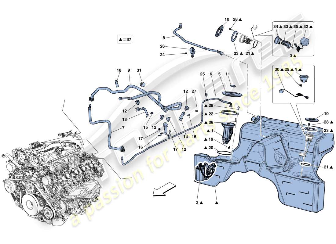 Ferrari California T (RHD) fuel pump and connector pipes Part Diagram