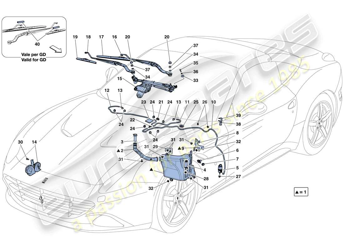 Ferrari California T (RHD) Windscreen Wiper, Windscreen Washer and Horns Part Diagram