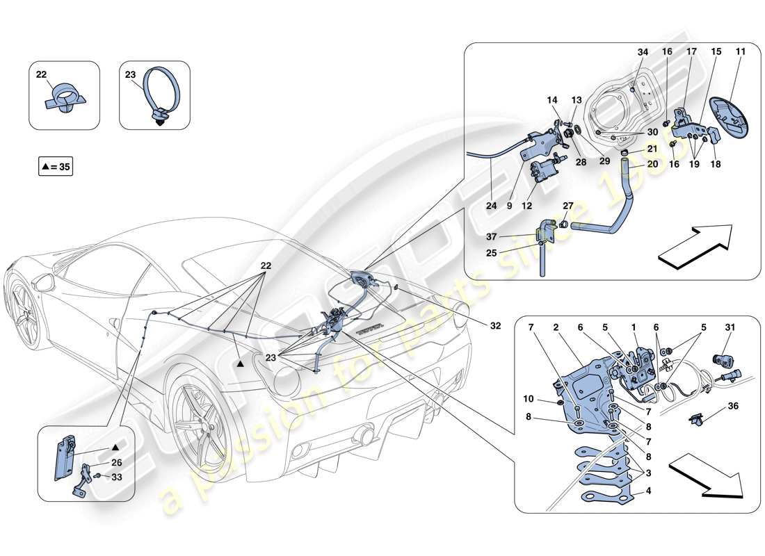 Ferrari 458 Speciale (Europe) ENGINE COMPARTMENT LID AND FUEL FILLER FLAP OPENING MECHANISMS Part Diagram