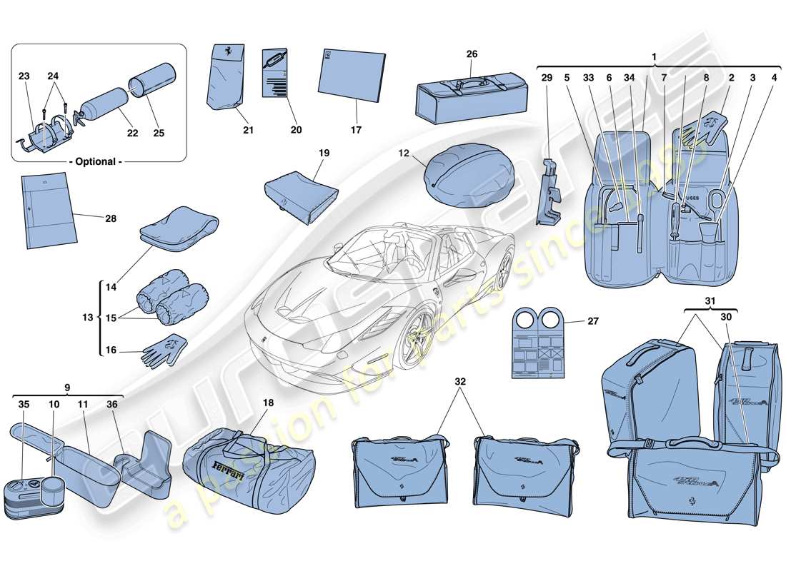 Ferrari 458 Speciale Aperta (Europe) TOOLS AND ACCESSORIES PROVIDED WITH VEHICLE Part Diagram