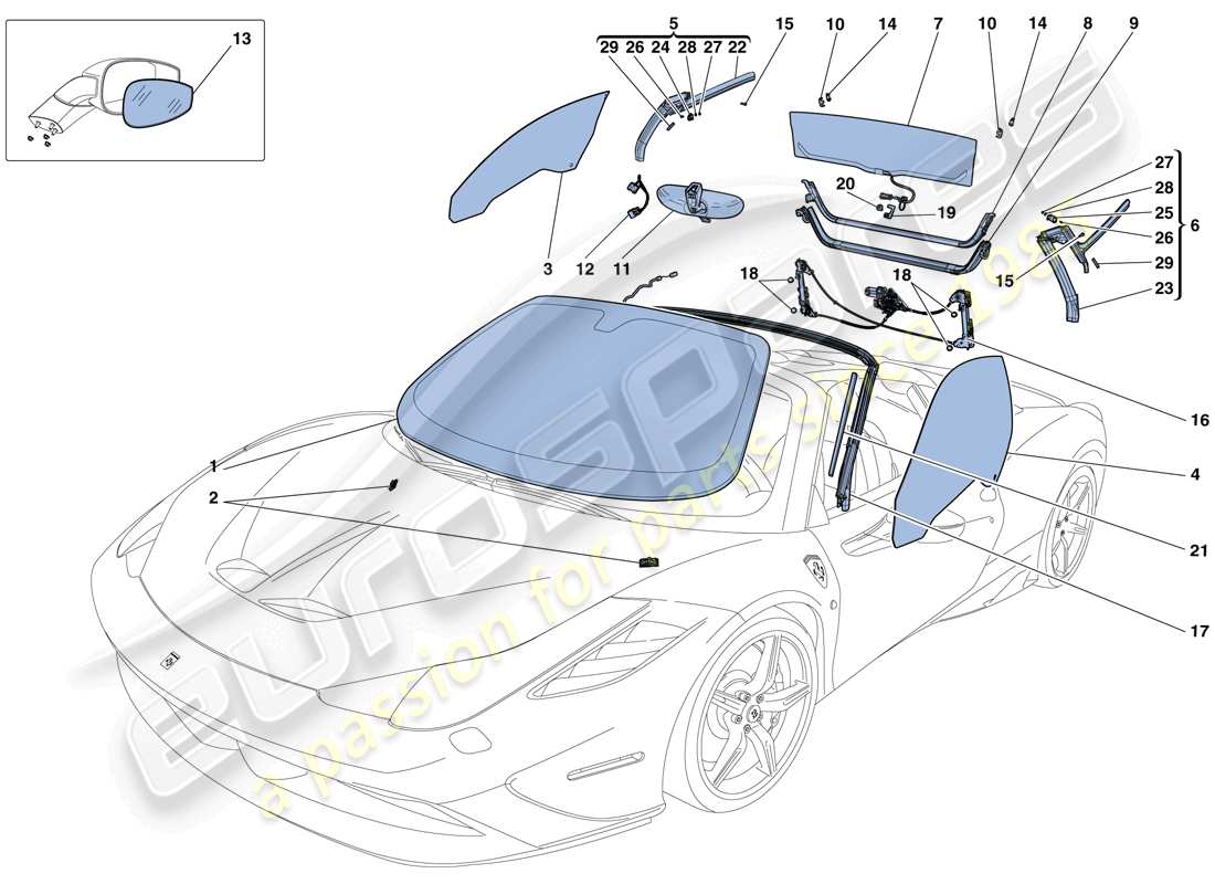 Ferrari 458 Speciale Aperta (RHD) SCREENS, WINDOWS AND SEALS Part Diagram