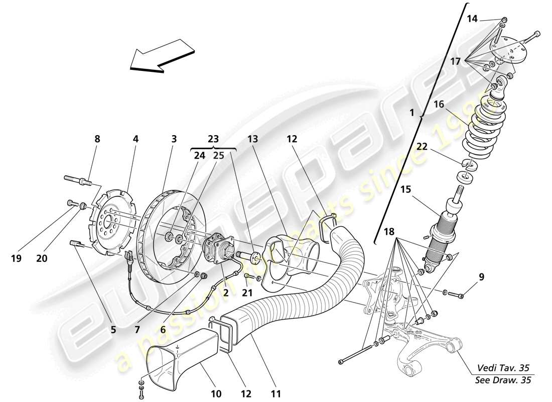 Maserati Trofeo Front Suspension - Shock Absorber and Brake Disc Part Diagram