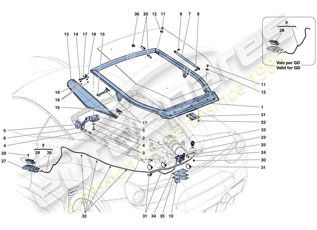 Ferrari 488 GTB (Europe) ENGINE COMPARTMENT LID AND RELEASE MECHANISM Part Diagram