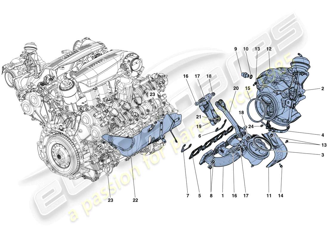 Ferrari 488 GTB (USA) MANIFOLDS, TURBOCHARGING SYSTEM AND PIPES Part Diagram