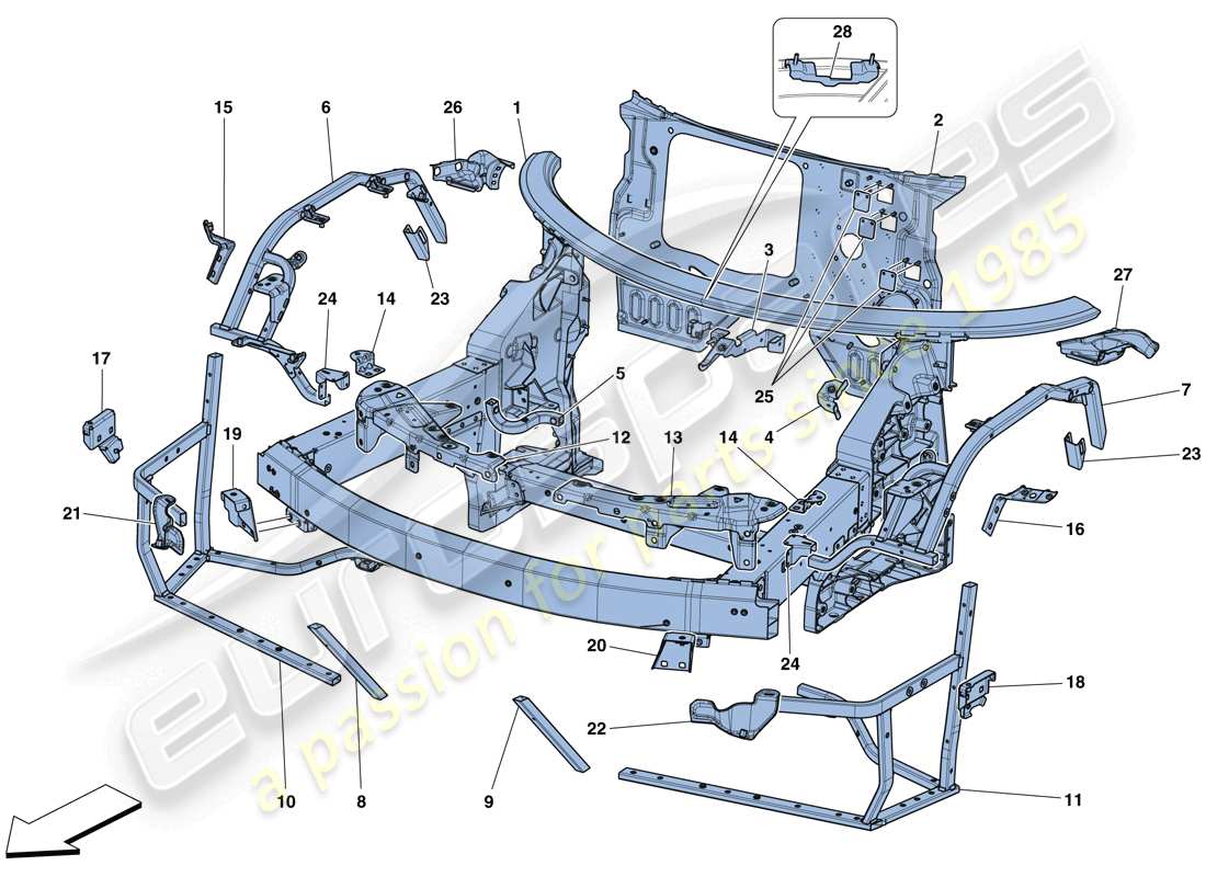 Ferrari 488 Spider (Europe) CHASSIS - COMPLETE FRONT STRUCTURE AND PANELS Part Diagram