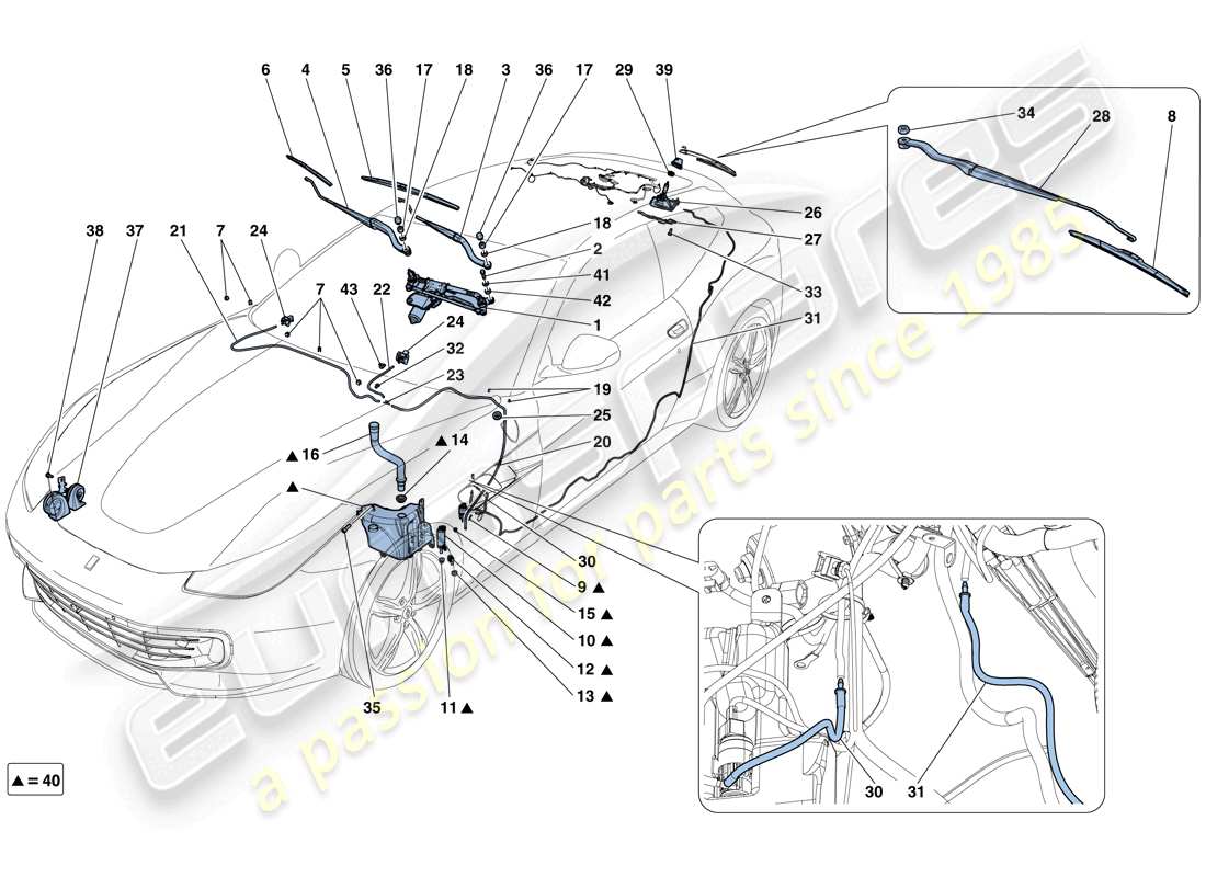 Ferrari GTC4 Lusso T (USA) Windscreen Wiper, Windscreen Washer and Horns Part Diagram