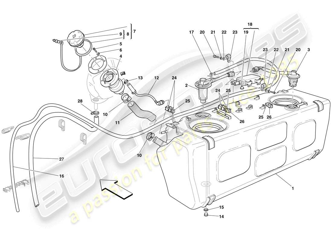 Ferrari 612 Scaglietti (RHD) fuel tank - filler neck and pipes Part Diagram
