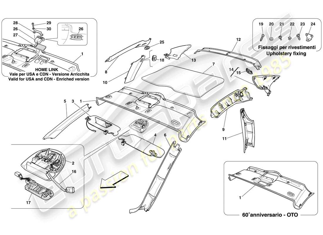 Ferrari 612 Scaglietti (USA) HEADLINER TRIM AND ACCESSORIES Part Diagram