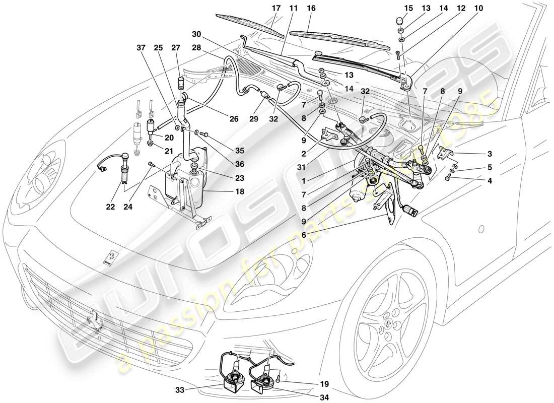 Ferrari 612 Scaglietti (USA) Windscreen Wiper, Windscreen Washer and Horns Part Diagram