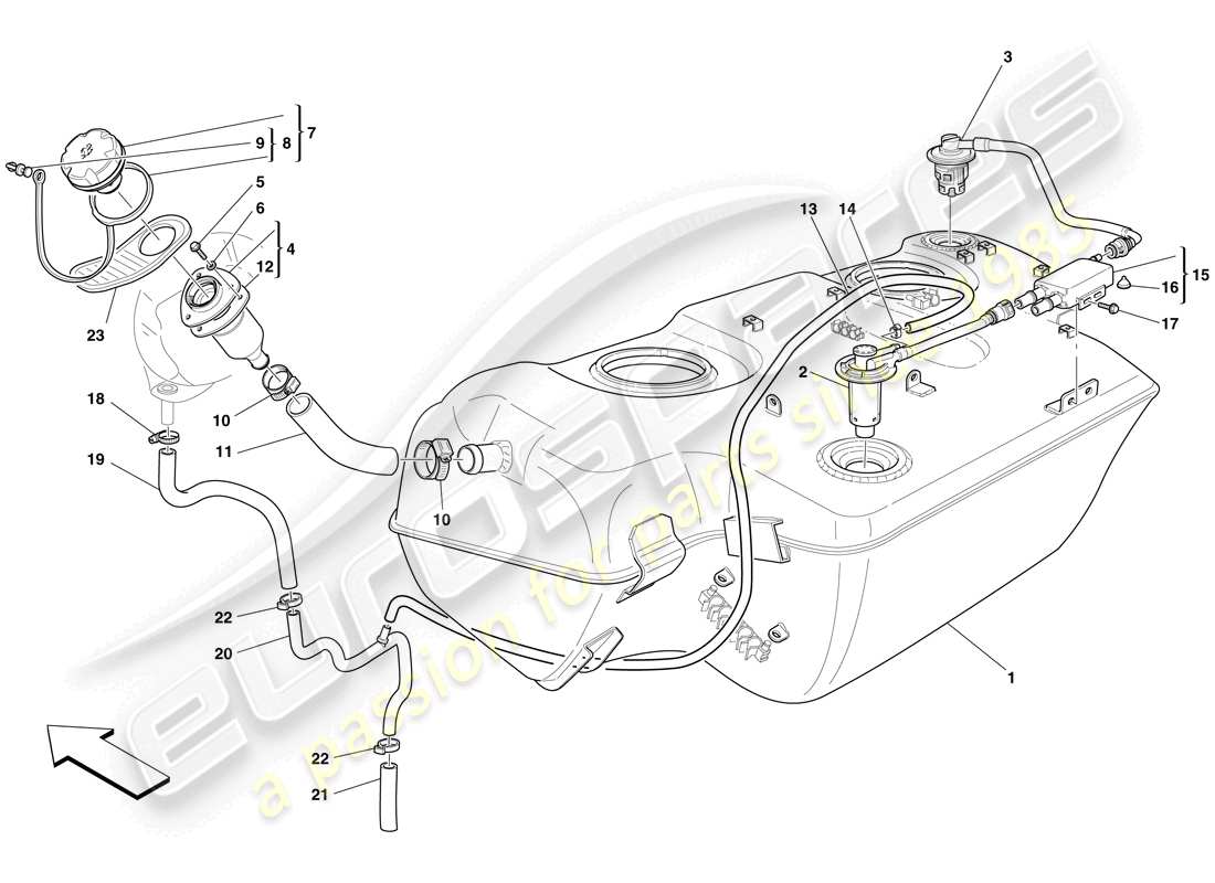 Ferrari 599 GTB Fiorano (Europe) fuel tank - filler neck and pipes Part Diagram