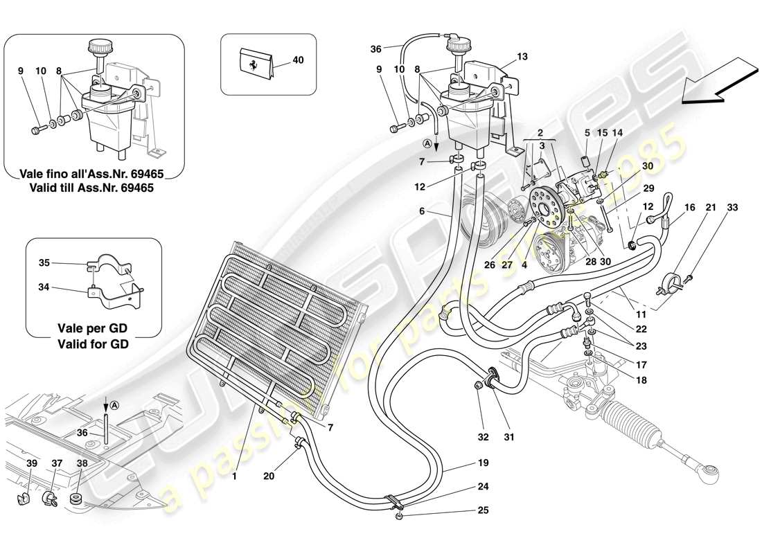 Ferrari 599 GTB Fiorano (Europe) HYDRAULIC FLUID RESERVOIR, PUMP AND COIL FOR POWER STEERING SYSTEM Part Diagram