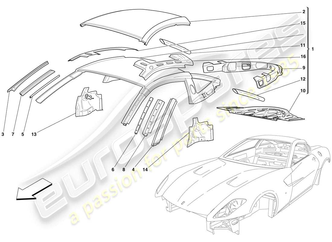 Ferrari 599 GTB Fiorano (Europe) BODYSHELL - ROOF Part Diagram