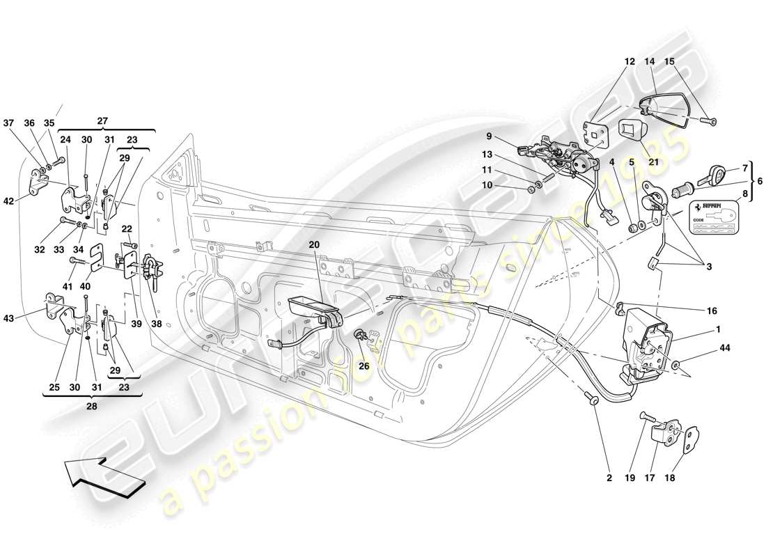 Ferrari 599 GTB Fiorano (Europe) DOORS - OPENING MECHANISM AND HINGES Part Diagram