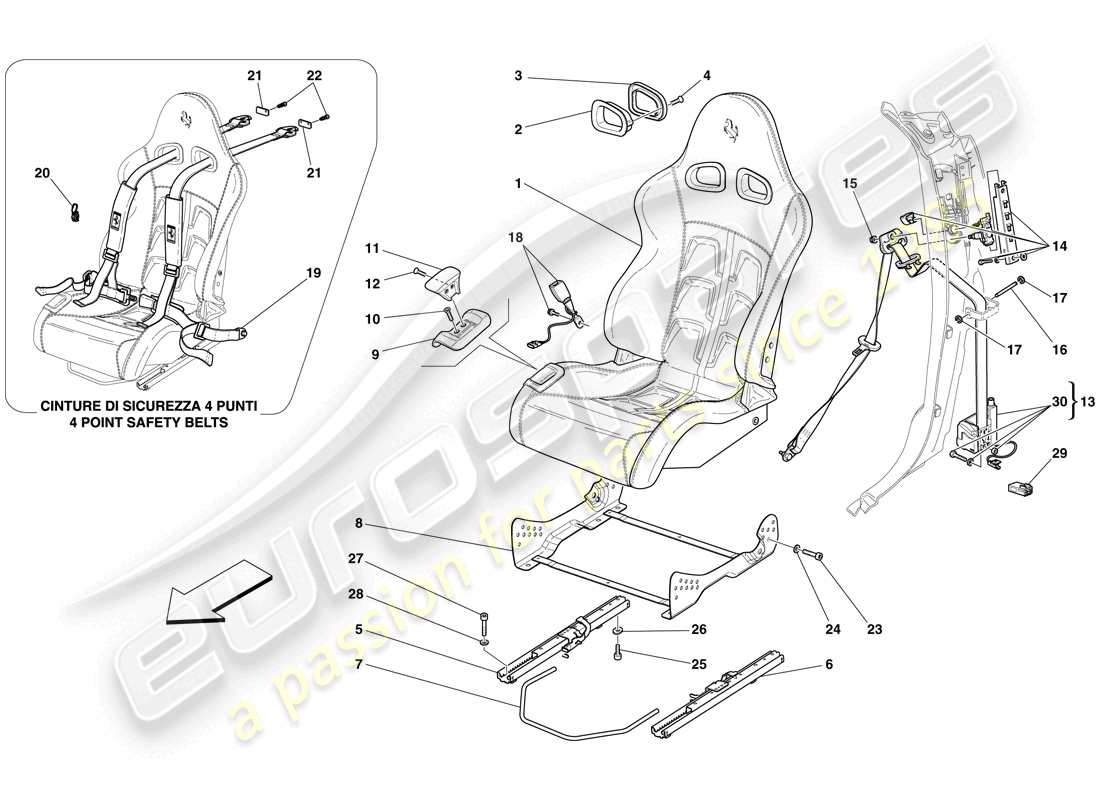 Ferrari 599 GTB Fiorano (Europe) front racing seat - rails and mechanism Part Diagram