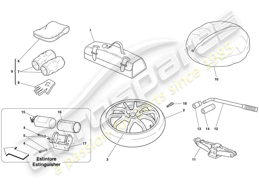 Ferrari 599 GTB Fiorano (RHD) Spare Wheel and Accessories Part Diagram