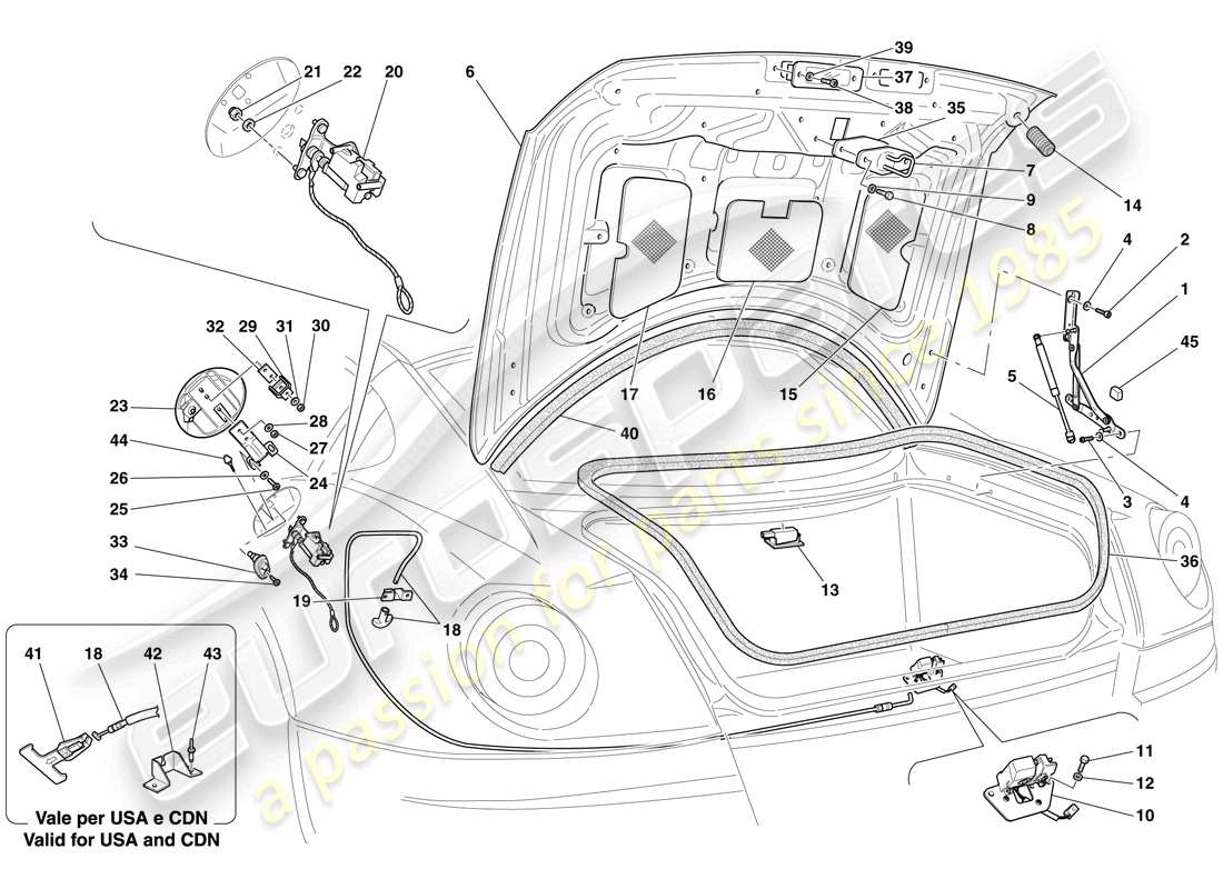 Ferrari 599 GTB Fiorano (RHD) LUGGAGE COMPARTMENT LID AND FUEL FILLER FLAP Part Diagram