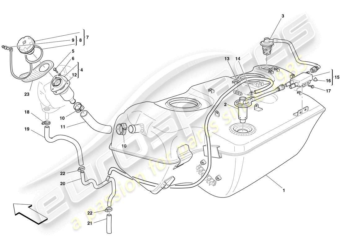 Ferrari 599 GTB Fiorano (USA) fuel tank - filler neck and pipes Part Diagram