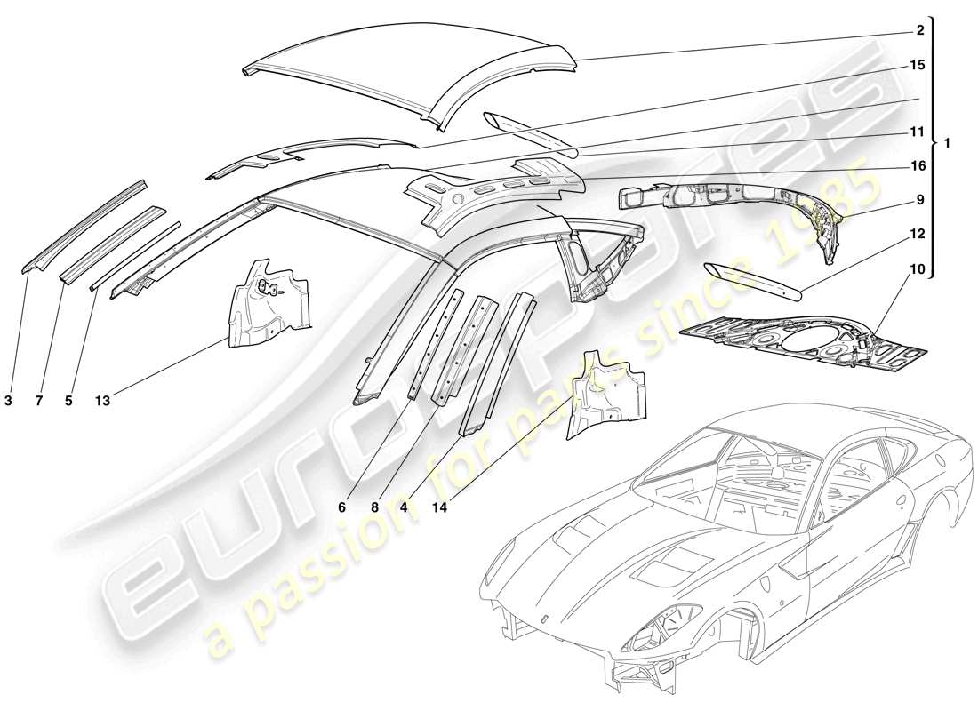 Ferrari 599 GTO (USA) BODYSHELL - ROOF Part Diagram