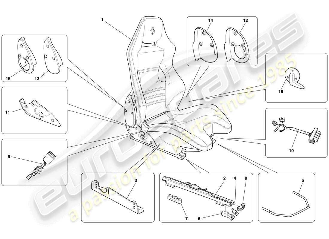 Ferrari 599 GTO (USA) front racing seat - rails and mechanism Part Diagram