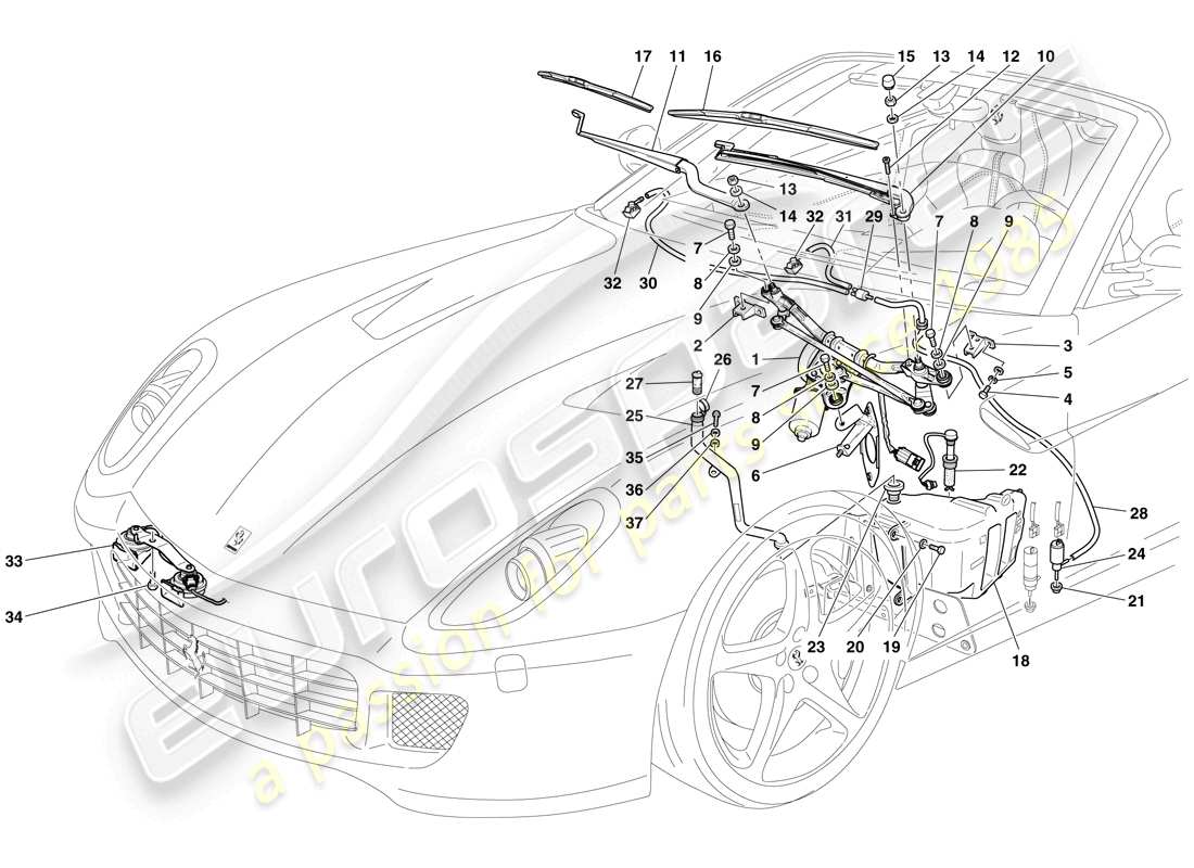 Ferrari 599 SA Aperta (Europe) Windscreen Wiper, Windscreen Washer and Horns Part Diagram