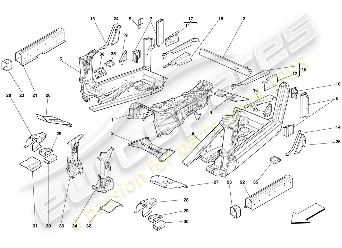 Ferrari 599 SA Aperta (RHD) STRUCTURES AND ELEMENTS, CENTRE OF VEHICLE Part Diagram