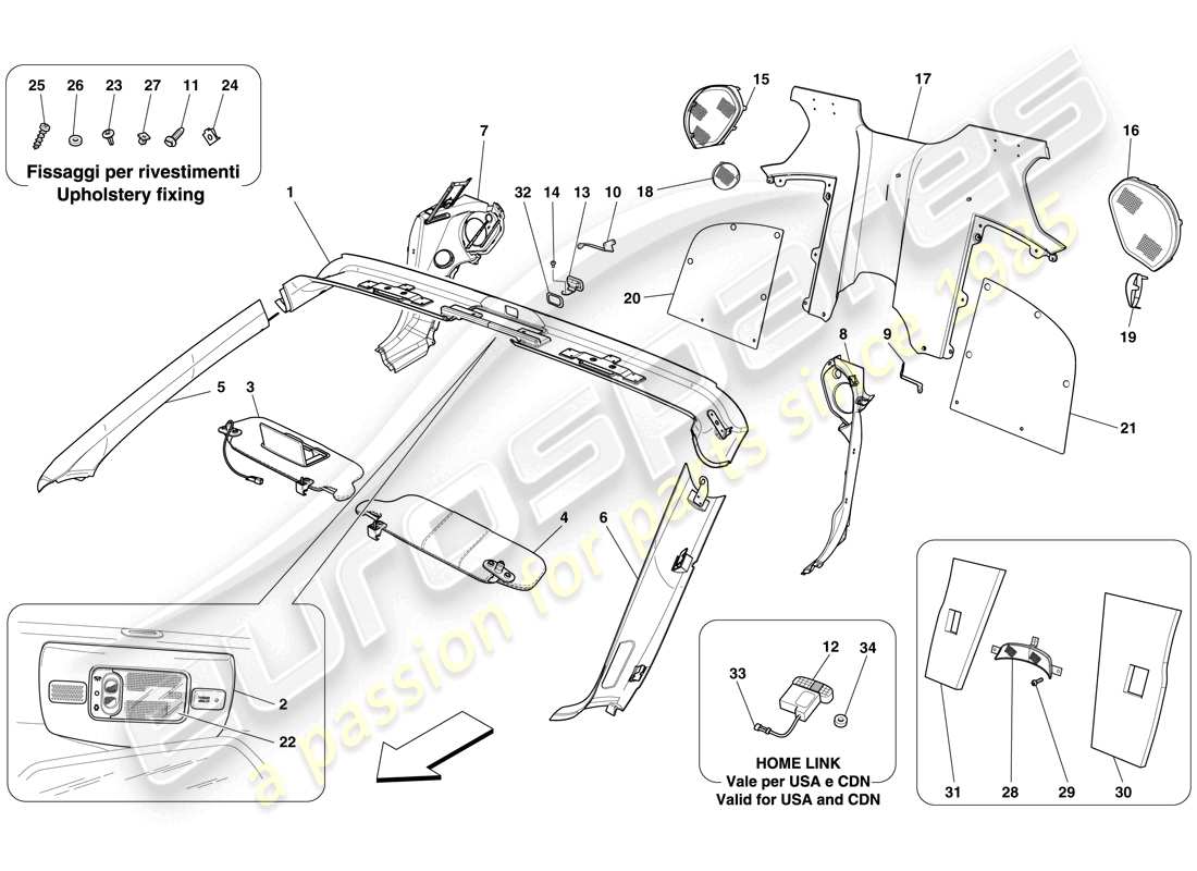 Ferrari 599 SA Aperta (RHD) WINDSCREEN RIM AND REAR PASSENGER COMPARTMENT TRIM Part Diagram