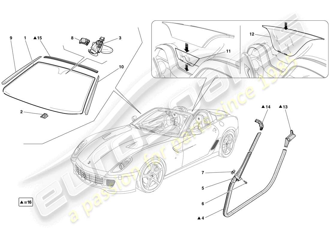 Ferrari 599 SA Aperta (USA) SCREENS, WINDOWS AND SEALS Parts Diagram
