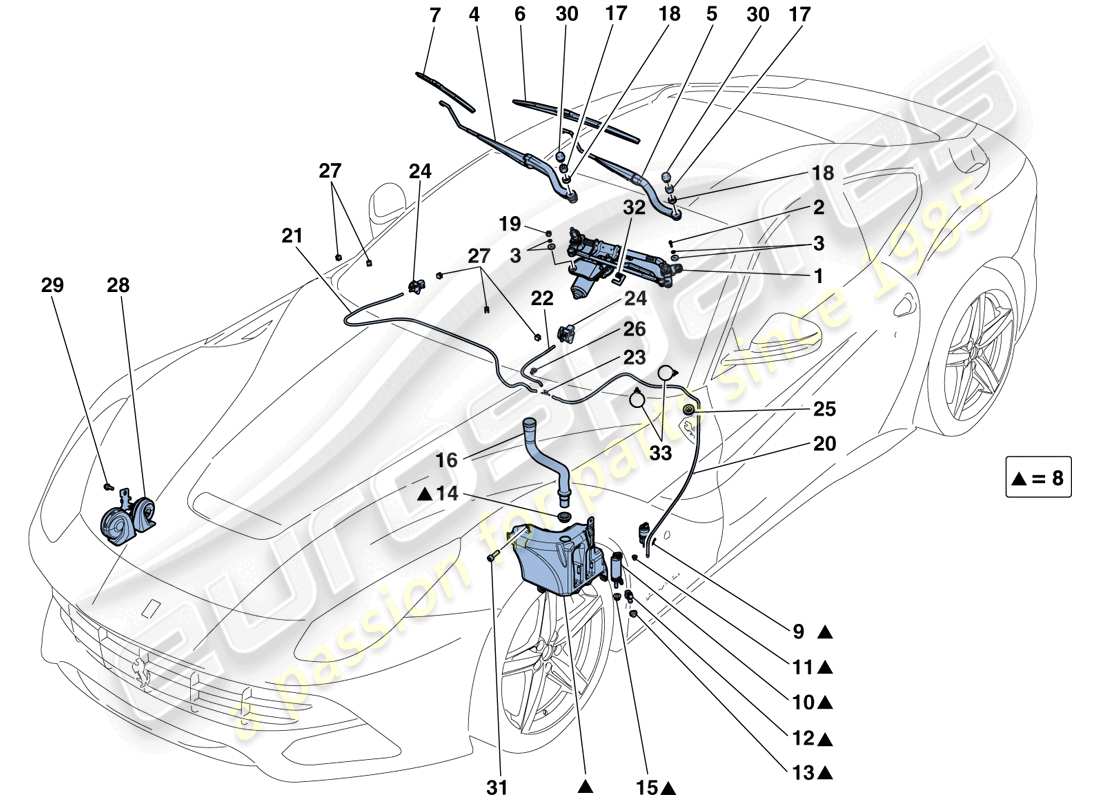 Ferrari F12 Berlinetta (Europe) Windscreen Wiper, Windscreen Washer and Horns Part Diagram