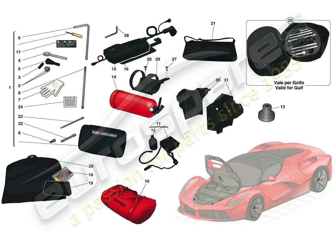 Ferrari LaFerrari (Europe) FRONT COMPARTMENT AND TOOLS SUPPLIED WITH VEHICLE Part Diagram