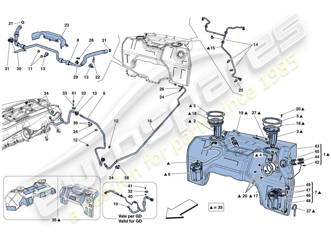 Ferrari 812 Superfast (RHD) fuel tank, fuel system pumps and pipes Part Diagram