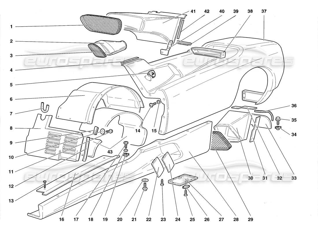 Lamborghini Diablo Roadster (1998) Coque Elements - Left Flank Part Diagram
