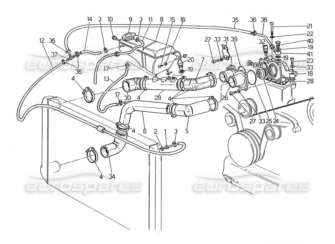 Maserati 2.24v Engine Cooling Pipes and Thermostat Part Diagram