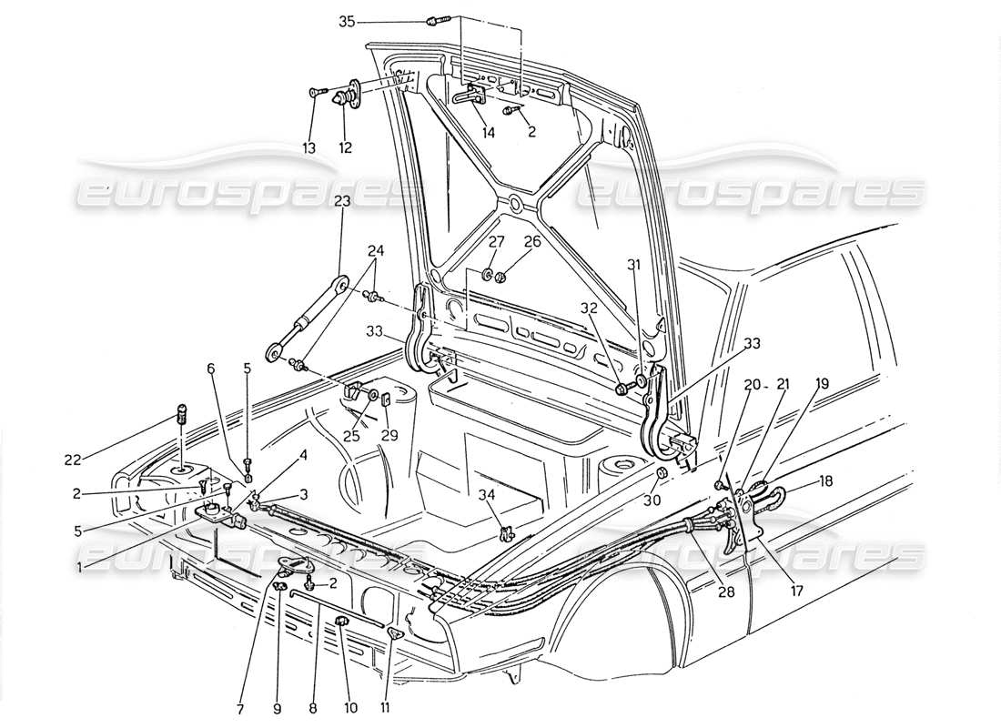Maserati 2.24v Bonnet: Hinges and Bonnet Release Part Diagram