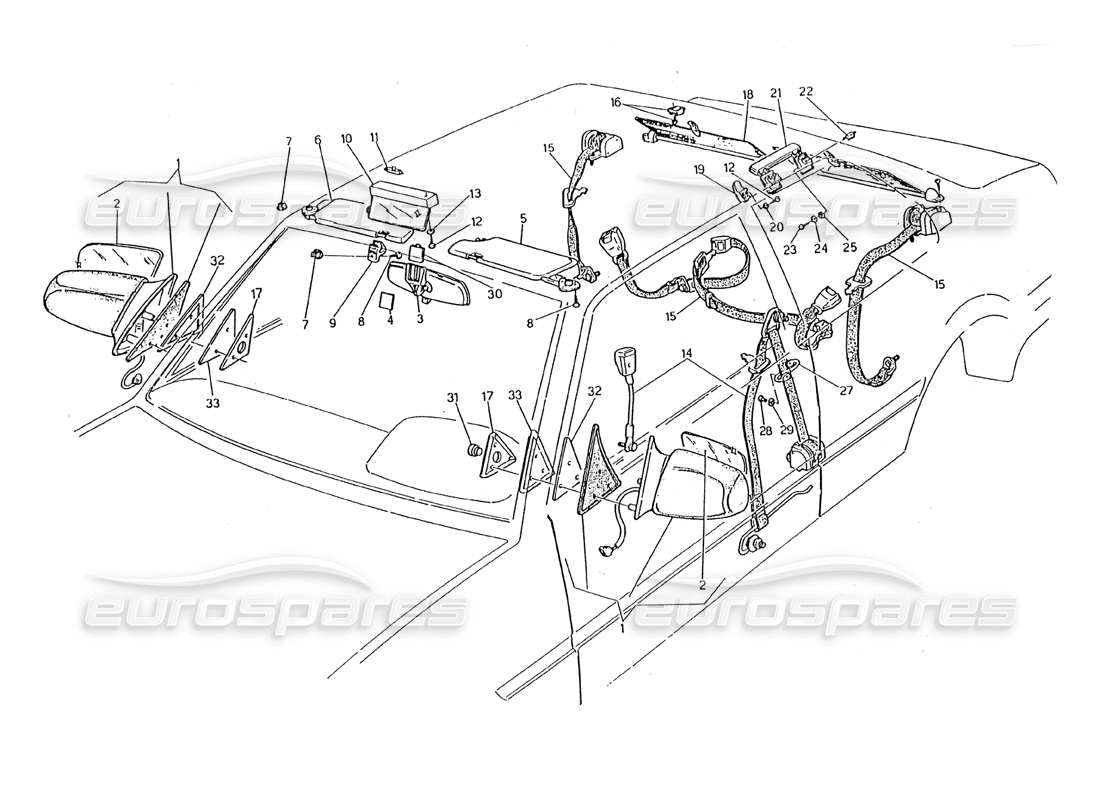 Maserati 2.24v Seat Belts, Mirrors and Sun Visor Part Diagram