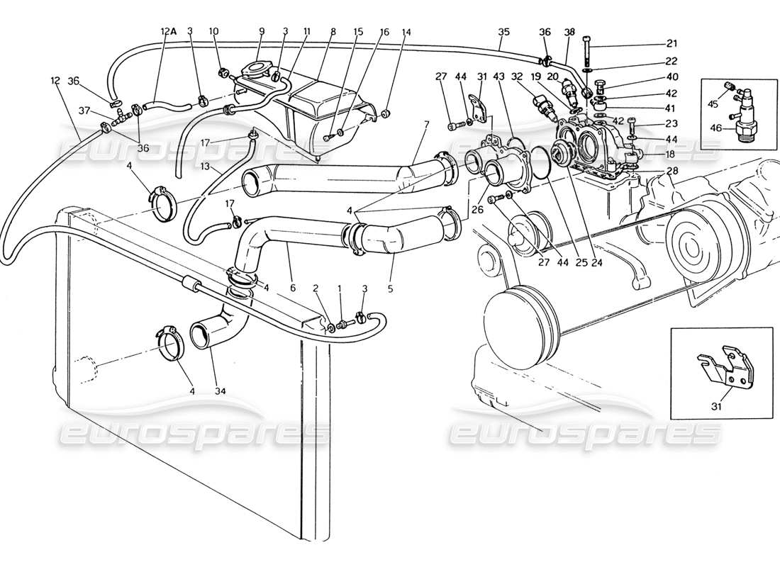 Maserati 222 / 222E Biturbo Engine Cooling Pipes and Thermostat Parts Diagram