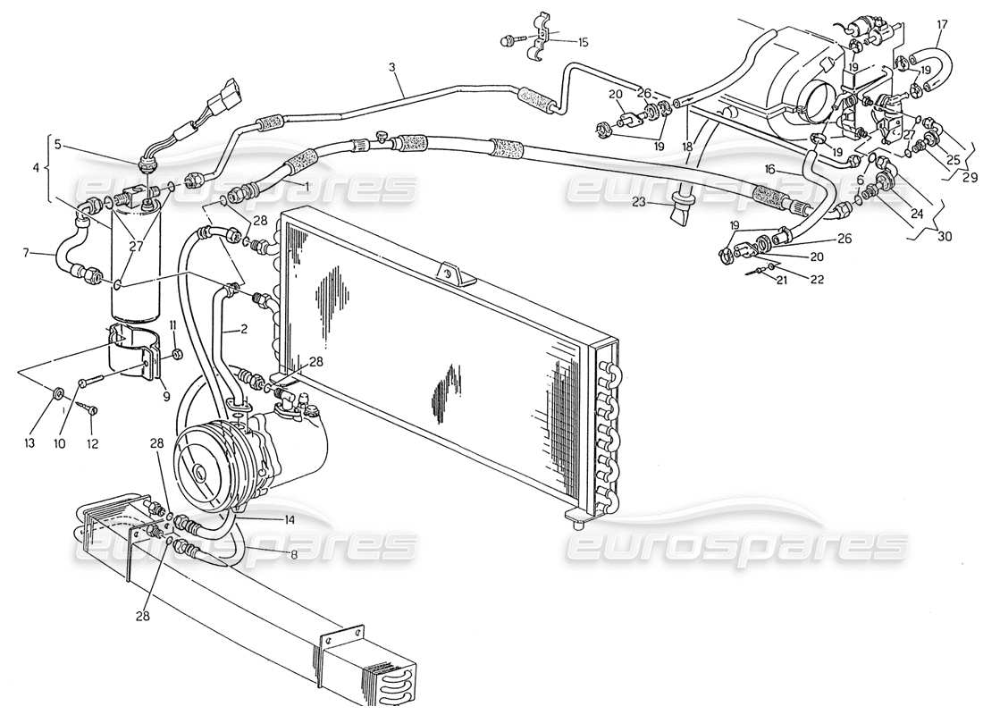 Maserati 222 / 222E Biturbo Air Conditioning System RH Steering (Pre Modif.) Parts Diagram