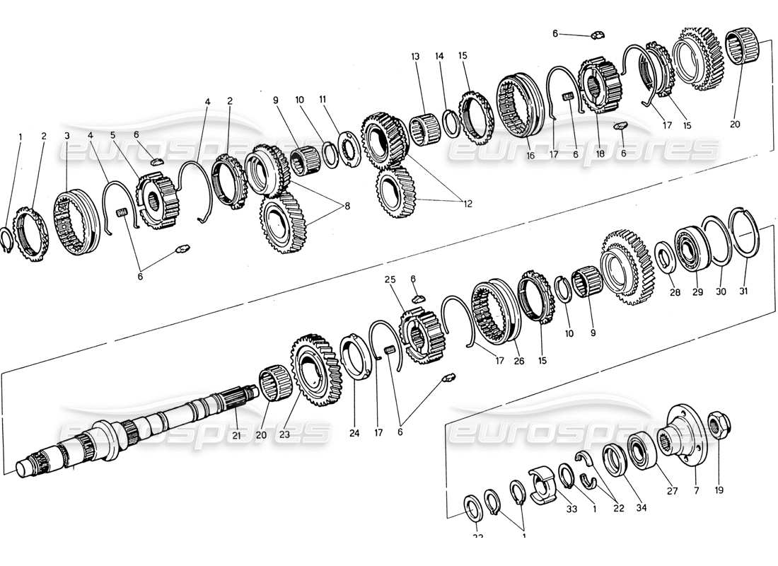 Maserati 222 / 222E Biturbo Transmission - Main Shaft Part Diagram