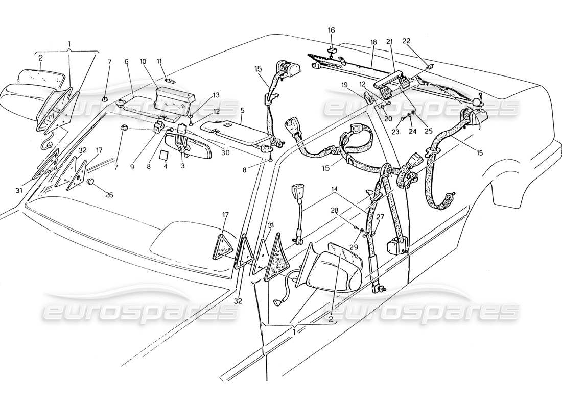 Maserati 222 / 222E Biturbo Seat Belts-Mirrors and Sun Visor Parts Diagram