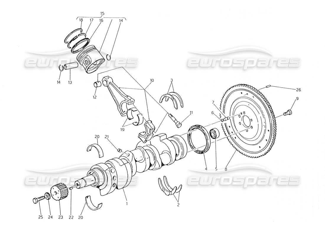 Maserati Karif 2.8 crankshaft - pistons - connecting rods and flywheel Part Diagram