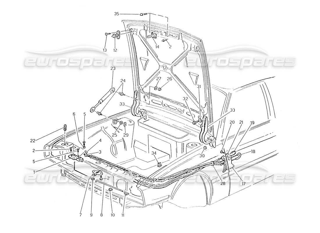 Maserati Karif 2.8 Bonnet: Hinges and Bonnet Release Part Diagram