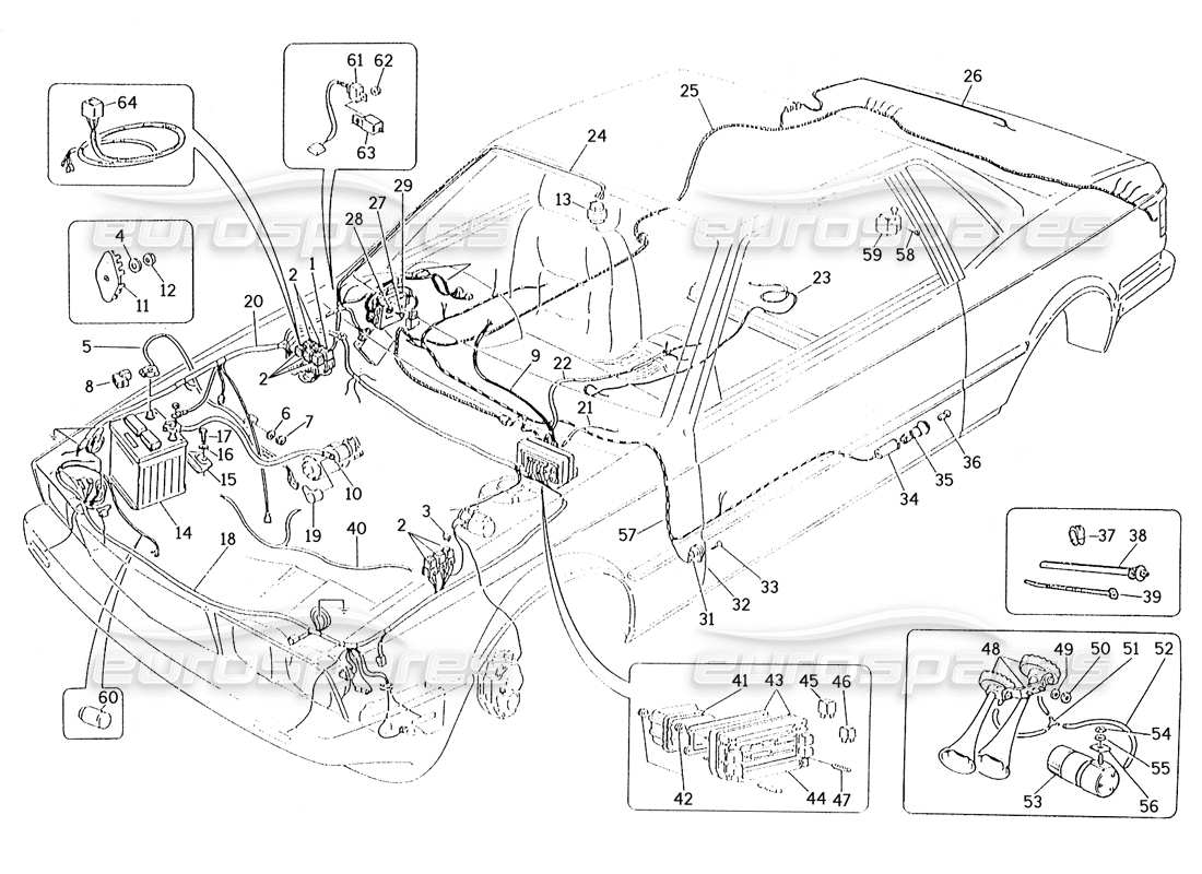Maserati Karif 2.8 Wiring Harness and Electrical Components (RH Steering Cars) Parts Diagram